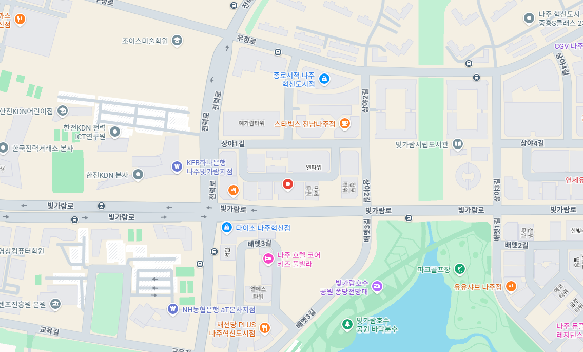 빛가람로와 한전KDN 본사, 빛가람호수공원 주변의 나주지사 위치를 표시한 지도